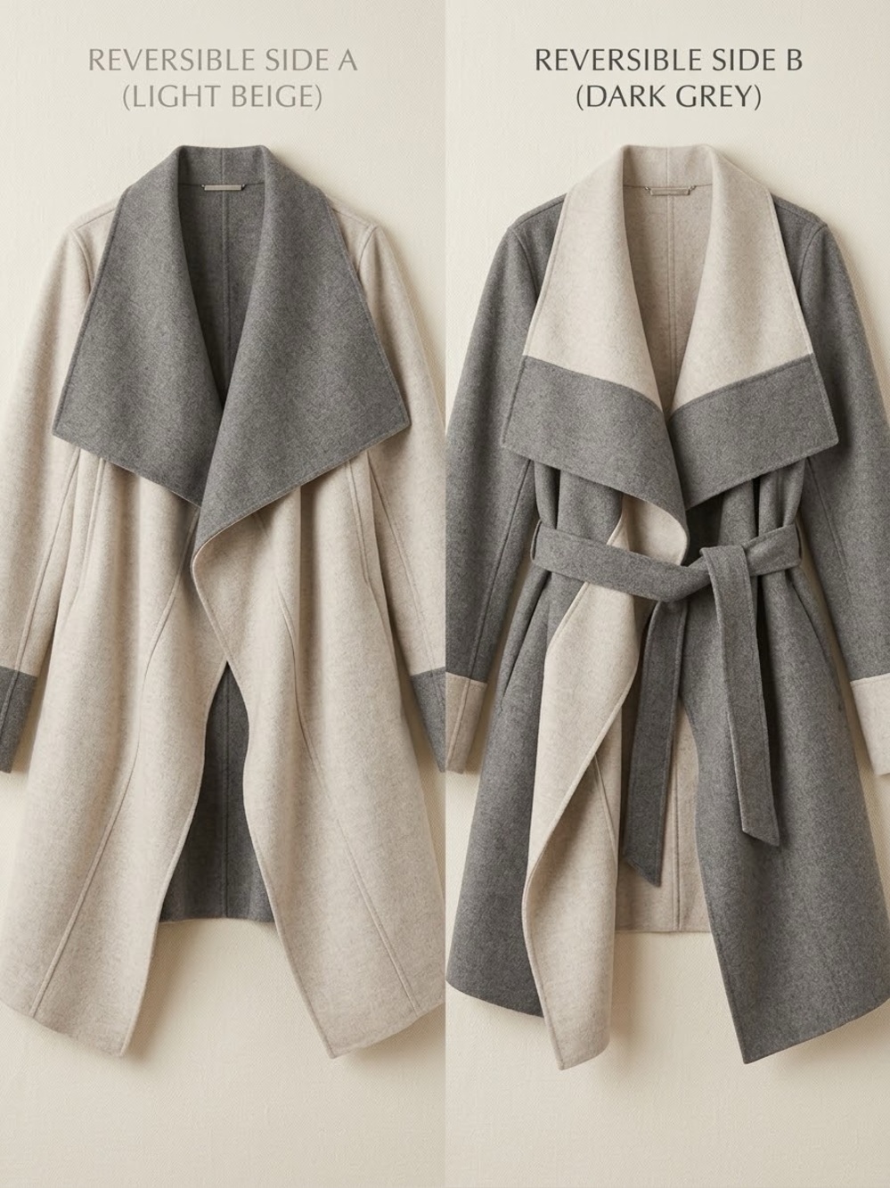 DVF Diane von Furstenberg Mackenzie Reversible Wool Wrap Coat Grey Cream Large